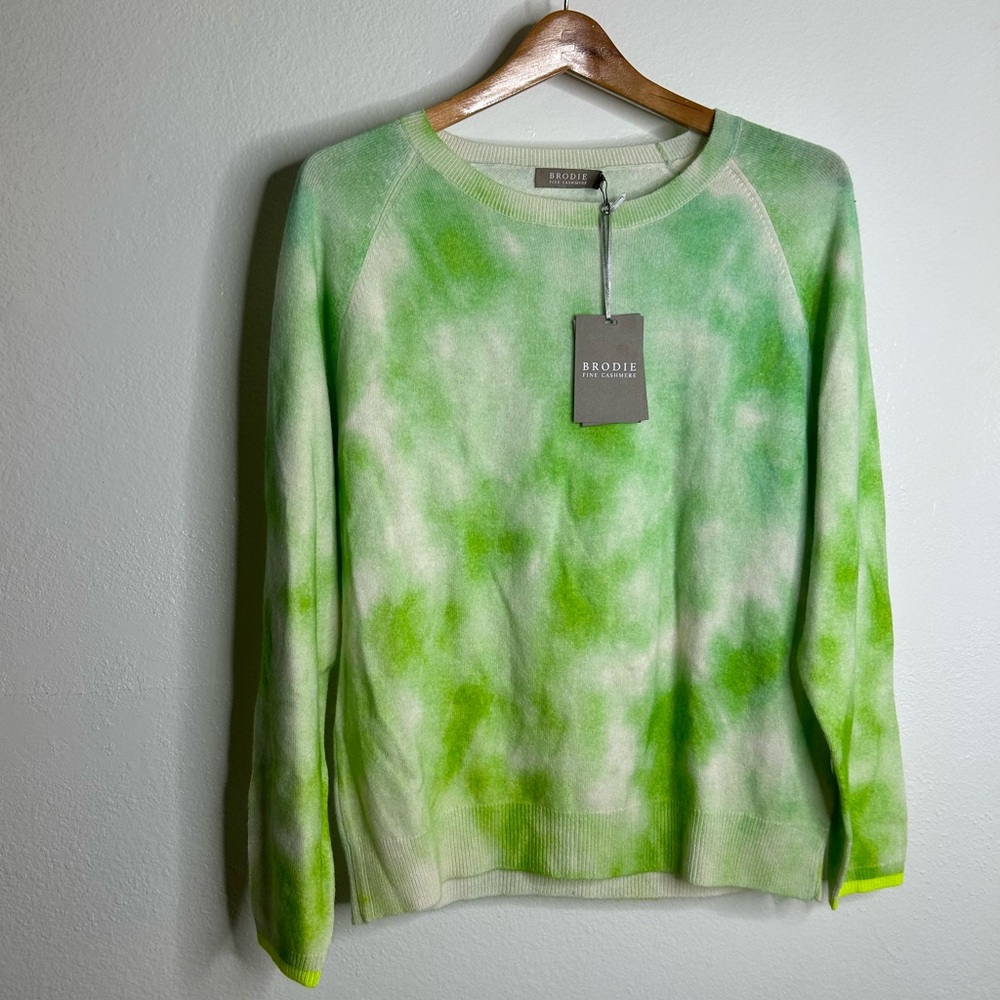 NWT Brodie Cashmere 100% Cashmere Green Tie Dye Multicolor Pullover Sweater